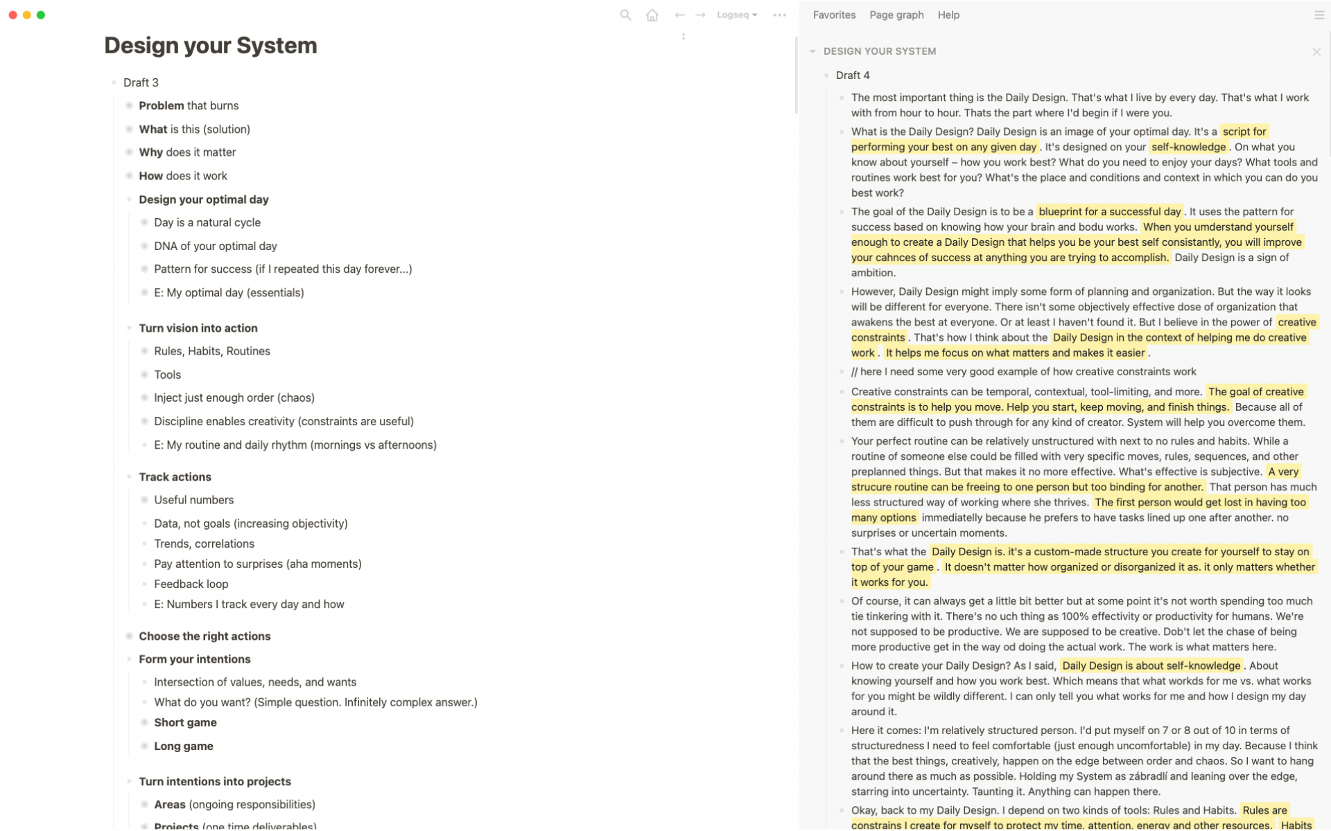 Outline draft of the guide in Logseg (on the left)