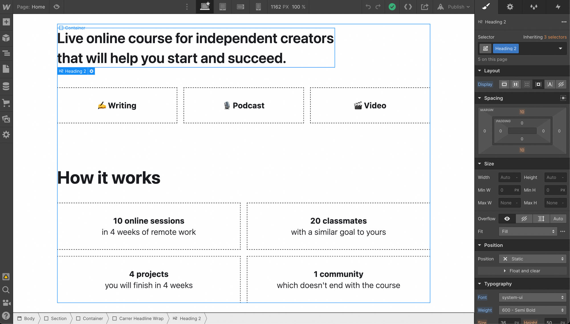 Editing the website prototype in Webflow
